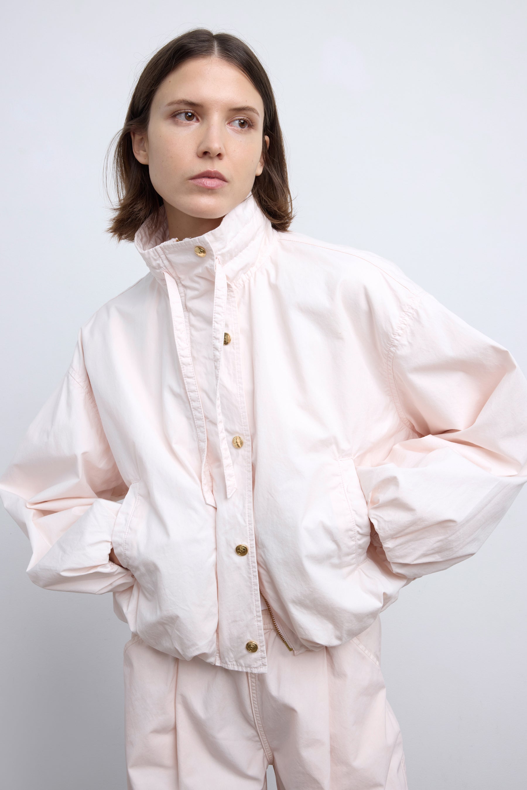 The Aisla Bomber Jacket in Blush Pink Cotton Poplin